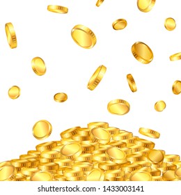 Falling from the top a lot of dollar gold coins on white background. Vector illustration.