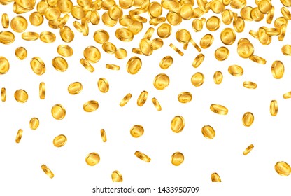 Falling from the top a lot of Euro gold coins on white background. Vector illustration.