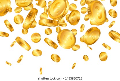 Falling from the top a lot of Euro gold coins on white background. Vector illustration.