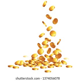 Falling From The Top A Lot Of Gold Coins On A Transparent Or White Background. Rain Of Money.