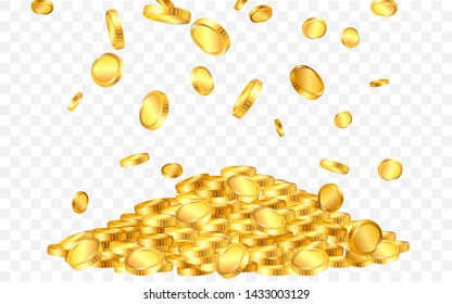 Falling from the top a lot of gold coins on transparent background. Vector illustration.