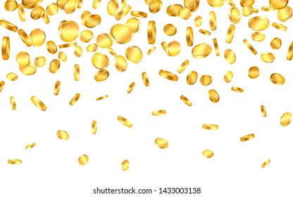 Falling from the top a lot of gold coins on white background. Vector illustration.