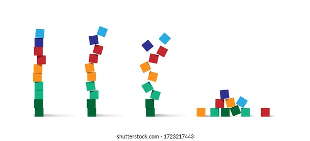 Falling tower of colorful play cubes. Tower of cubes falling down. Stages of ruining tower of cubes. cubes for kids vector illustration. Bricks vector illustration on white background,