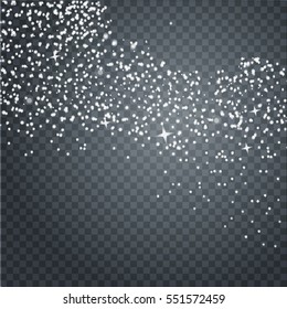 Falling  transparent beautiful snow isolated on the a transparent background. Snowflakes, snowfall. Vector illustration.
