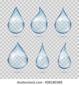 Falling transparent water drops. Water dew drops or rain drops on plaid background vector set