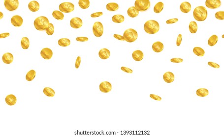 Falling of treasure golden coins with crown symbol on white background.