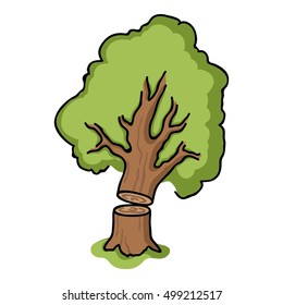 Falling tree icon in cartoon style isolated on white background. Sawmill and timber symbol stock vector illustration.