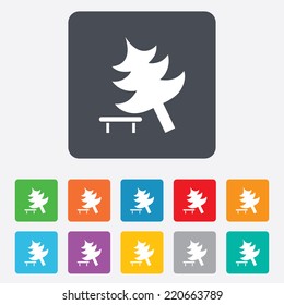 Falling tree sign icon. Caution break down christmas tree symbol. Rounded squares 11 buttons. Vector