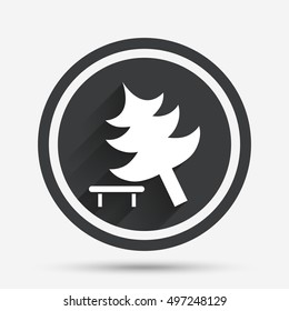 Falling tree sign icon. Caution break down christmas tree symbol. Circle flat button with shadow and border. Vector