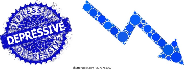 Falling trend arrow vector composition of round dots in various sizes and blue color tones, and rubber Depressive stamp seal. Blue round sharp rosette seal has Depressive caption inside.
