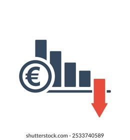 falling trend bar chart with euro sign and red down arrow, european currency inflation indicator or income forecast vector icon