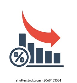 Falling Trend Bar Chart With Percent Sign And Red Down Arrow, Inflation Or Tax Vector Icon