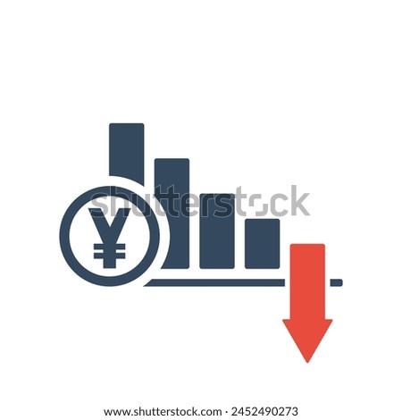 Falling trend bar chart with percent sign and red up arrow. Yuan inflation sign. Yen tax vector icon.