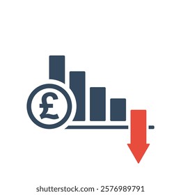 falling trend bar chart with pound sterling sign and red down arrow, united kingdom currency inflation indicator or income forecast vector icon