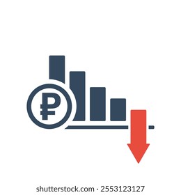 falling trend bar chart with ruble sign and red down arrow, russian currency inflation indicator or income forecast vector icon