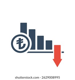 falling trend bar chart with turkish lira sign and red down arrow, turkish currency inflation indicator or income forecast vector icon