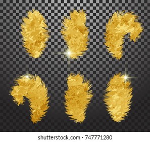 Falling twirled realistic gold feathers isolated on a transparent background. Easy style can be used in flyers, banners, web. Light cute feathers gold design. Elements for design. Vector illustration.