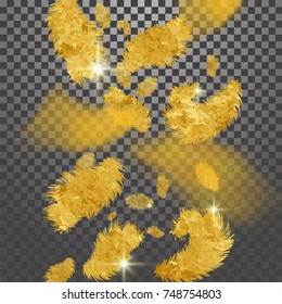 Falling twirled realistic gold feathers isolated on a transparent background. Easy style can be used in flyers, banners, web. Light cute feathers gold design. Elements for design. Vector illustration.