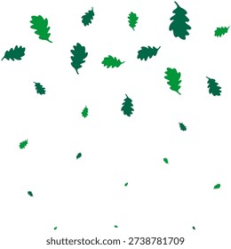Falling twisted oak leaf green icons. An arrangement of different-sized, scattered Quercus species nature symbols.