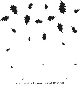 Falling twisted oak leaf silhouette icons. An arrangement of different-sized, scattered Quercus species nature symbols.