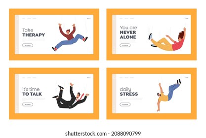 Falling Unhappy Characters Landing Page Template Set. Shocked People Fall Down due Stumbling, Slipping, Accident, Injury, Danger, Risk, Mental Disorder, Loneliness Concept. Cartoon Vector Illustration