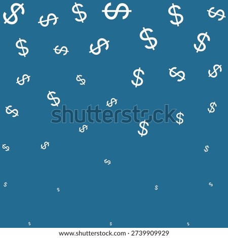 Falling United States dollar blue pattern. An abstract arrangement of different-sized, scattered USD money symbols.