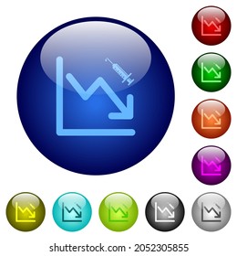Falling vaccination graph icons on round glass buttons in multiple colors. Arranged layer structure