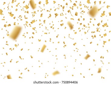 Falling vector confetti. Golden festive shiny confetti glitter background. Realistic illustration isolated on transparent background. Holiday tinsel elements. Christmas or Happy New Year glitter rain.