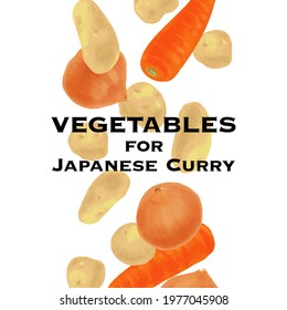 Falling vegetables for japanese curry vector illustration. (carrot, onion, potato)