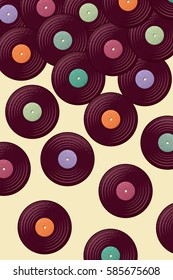 Falling vinyl records. Retro vector illustration. Vintage musical background