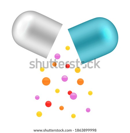 Falling vitamins from open capsule. Realistic pills, medicine or pharmaceutical science research. Isolated drugs vector concept