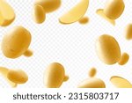 Falling washed raw potatoes, whole vegetables isolated on transparent background, selective focus. Realistic 3d vector illustration