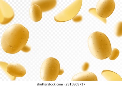 Falling washed raw potatoes, whole vegetables isolated on transparent background, selective focus. Realistic 3d vector illustration