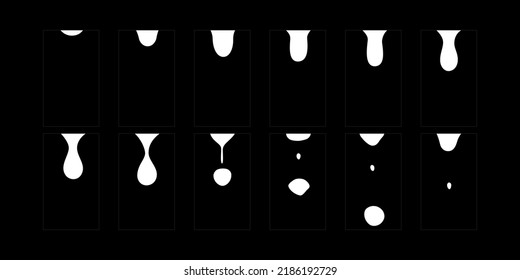 Falling water drops fx. Animation of falling water droplets effect sprite sheet for game, cartoon and video art. 2D classic rain drop  vector illustration.