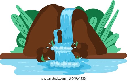 Falling water. River waterfall falls from cliff white background. Water fall streams. Tourist attraction with beautiful small waterfall and clear water. Cartoon landscapes with mountains and tree
