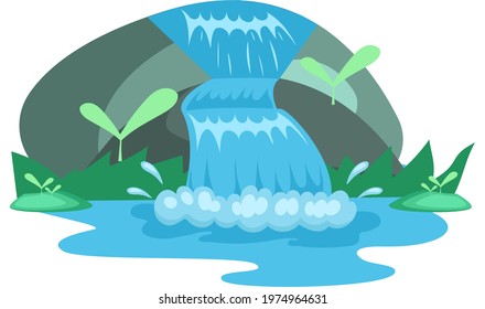 Falling water. River waterfall falls from cliff white background. Water fall streams. Tourist attraction with beautiful small waterfall and clear water. Cartoon landscapes with mountains and tree