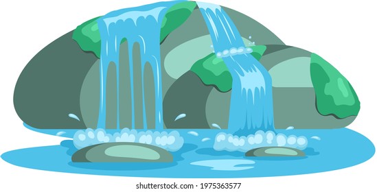 Falling water. River waterfall falls from cliff white background. Water fall streams. Tourist attraction with beautiful small waterfall and clear water. Cartoon landscapes with mountains and tree