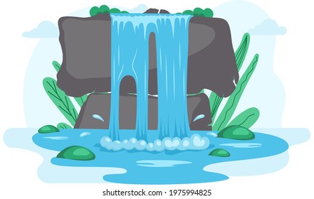 Falling water. River waterfall falls from cliff white background. Water fall streams. Tourist attraction with beautiful small waterfall and clear water. Cartoon landscapes with mountains and tree