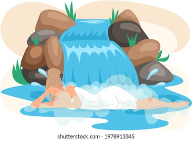 Falling water. River waterfall falls from cliff white background. Water fall streams. Tourist attraction with beautiful small waterfall and clear water. Cartoon landscapes with mountains and tree