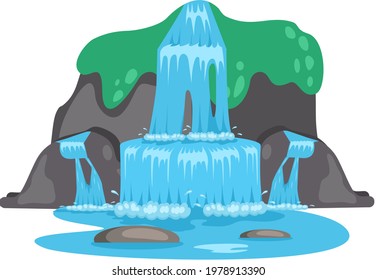 Falling water. River waterfall falls from cliff white background. Water fall streams. Tourist attraction with beautiful small waterfall and clear water. Cartoon landscapes with mountains and tree