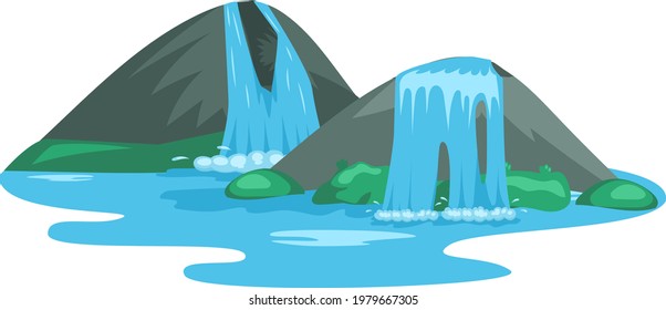 Falling water. River waterfall falls from cliff white background. Water fall streams. Tourist attraction with beautiful small waterfall and clear water. Cartoon landscapes with mountains and tree