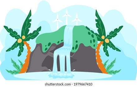 Falling water. River waterfall falls from cliff white background. Water fall streams. Tourist attraction with beautiful small waterfall and clear water. Cartoon landscapes with mountains and tree