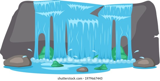 Falling water. River waterfall falls from cliff white background. Water fall streams. Tourist attraction with beautiful small waterfall and clear water. Cartoon landscapes with mountains and tree