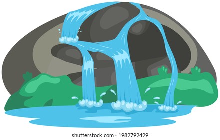 Falling water. River waterfall falls from cliff white background. Water fall streams. Tourist attraction with beautiful small waterfall and clear water. Cartoon landscapes with mountains and tree