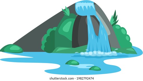 Falling water. River waterfall falls from cliff white background. Water fall streams. Tourist attraction with beautiful small waterfall and clear water. Cartoon landscapes with mountains and tree