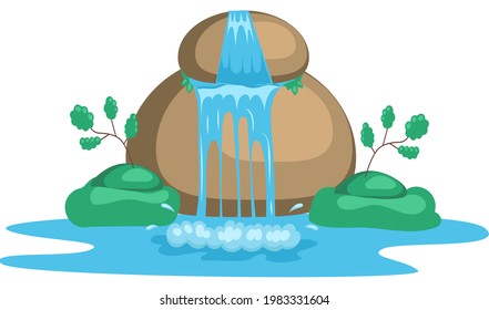 Falling water. River waterfall falls from cliff white background. Water fall streams. Tourist attraction with beautiful small waterfall and clear water. Cartoon landscapes with mountains and tree