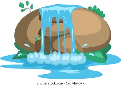 Falling water. River waterfall falls from cliff white background. Water fall streams. Tourist attraction with beautiful small waterfall and clear water. Cartoon landscapes with mountains and tree