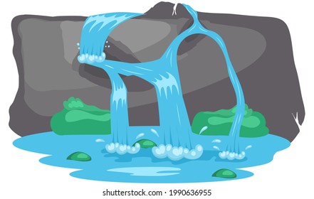 Falling water. River waterfall falls from cliff white background. Water fall streams. Tourist attraction with beautiful small waterfall and clear water. Cartoon landscapes with mountains and tree