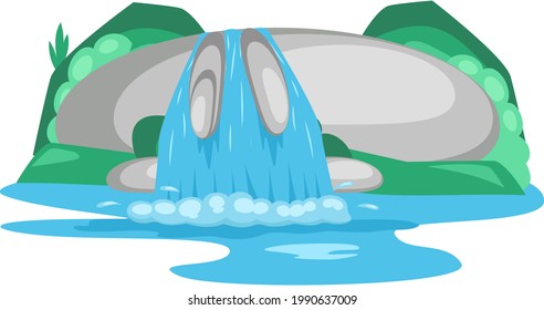 Falling water. River waterfall falls from cliff white background. Water fall streams. Tourist attraction with beautiful small waterfall and clear water. Cartoon landscapes with mountains and tree