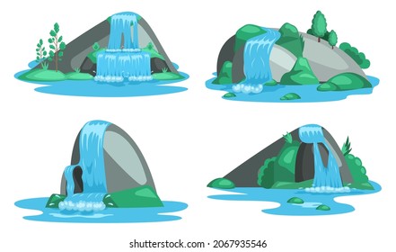 Falling water. River waterfall falls from cliff white background. Water fall streams. Picturesque tourist attraction with small waterfall and clear water. Cartoon landscapes with mountains and tree